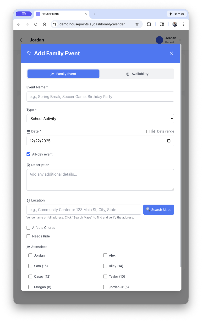 Add event form with title, date, time, and participant options