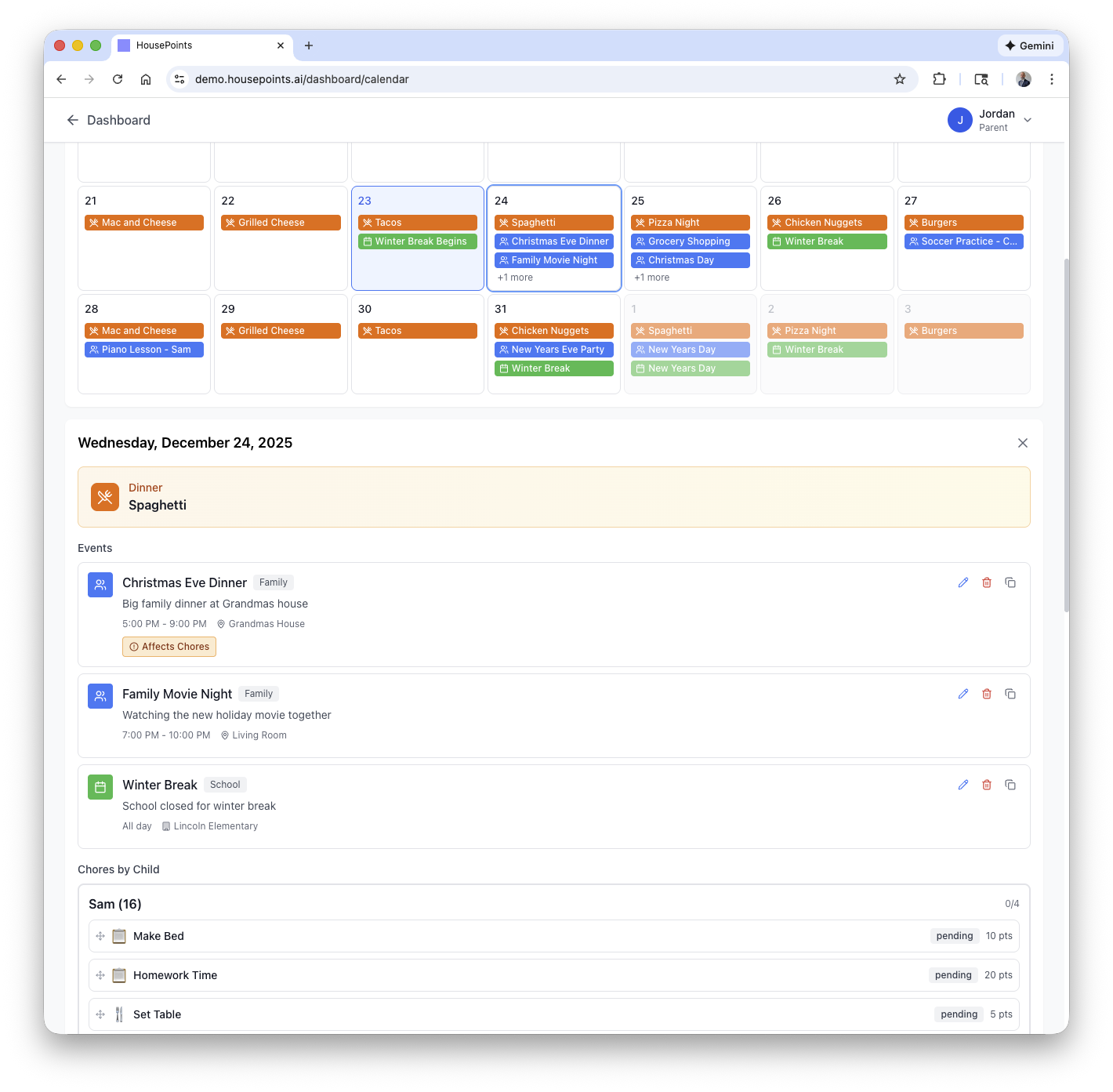 Calendar month view showing family events
