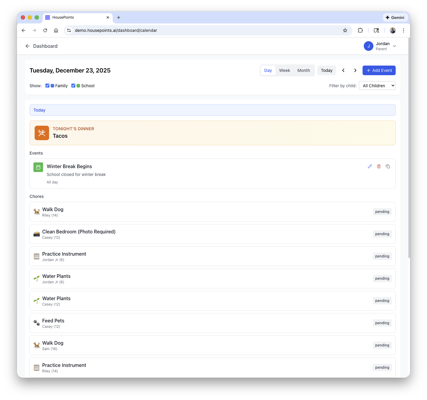 Calendar with color-coded events for each family member
