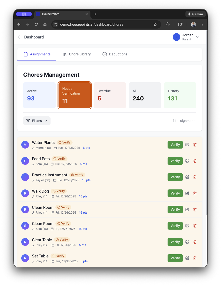 Parent verification queue showing pending chores