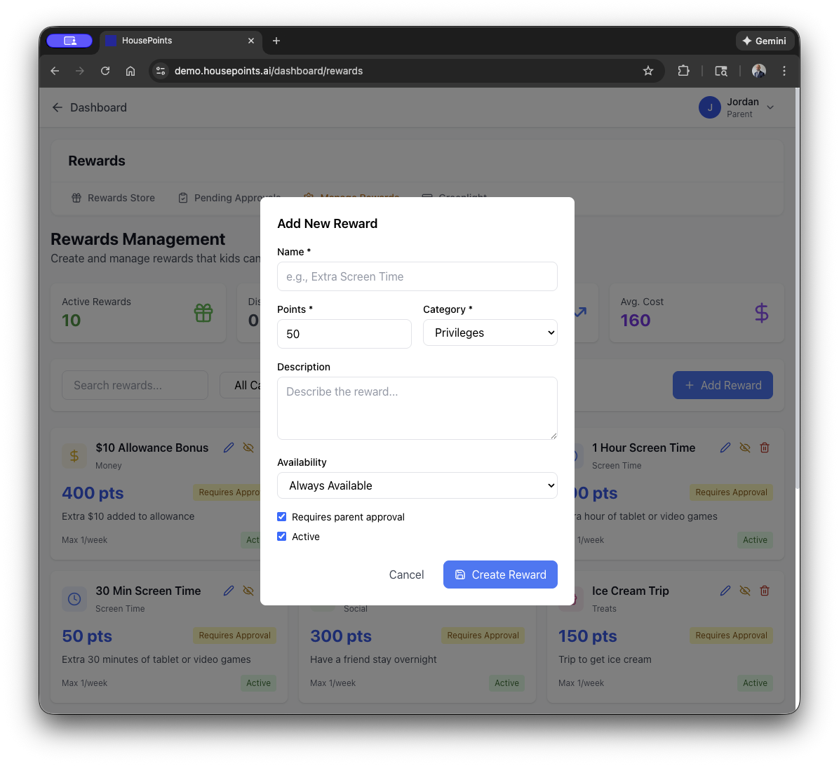 Create reward form with name, cost, and availability options