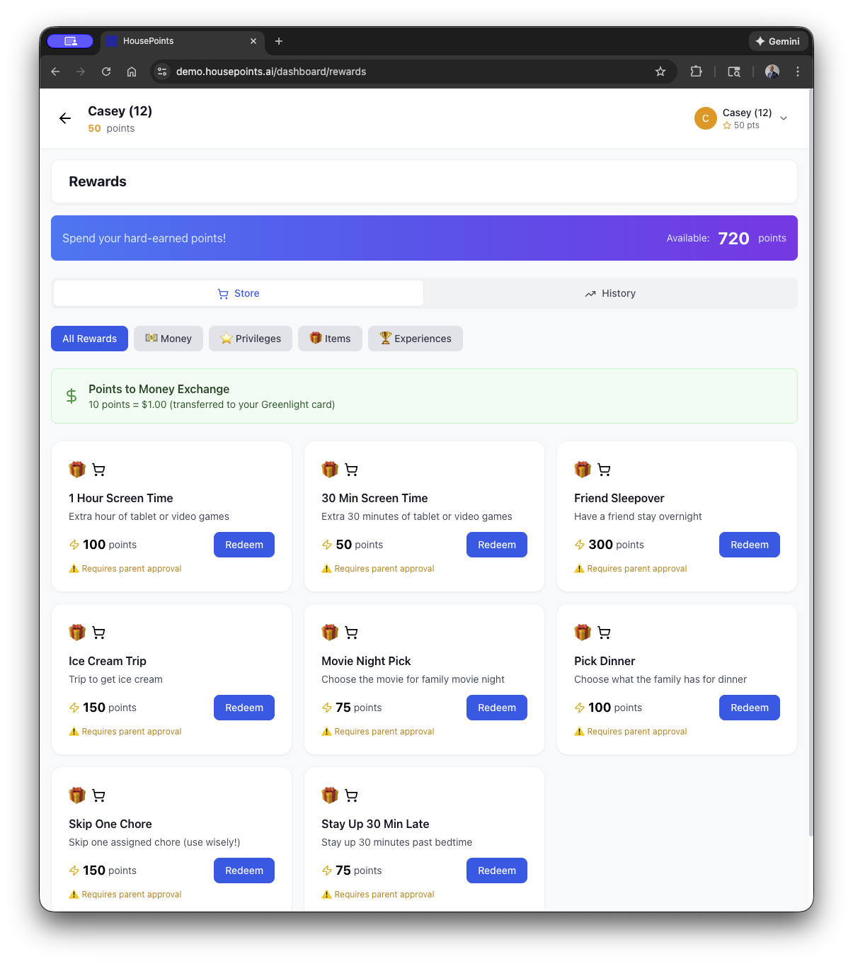 Rewards shop showing available rewards with point costs