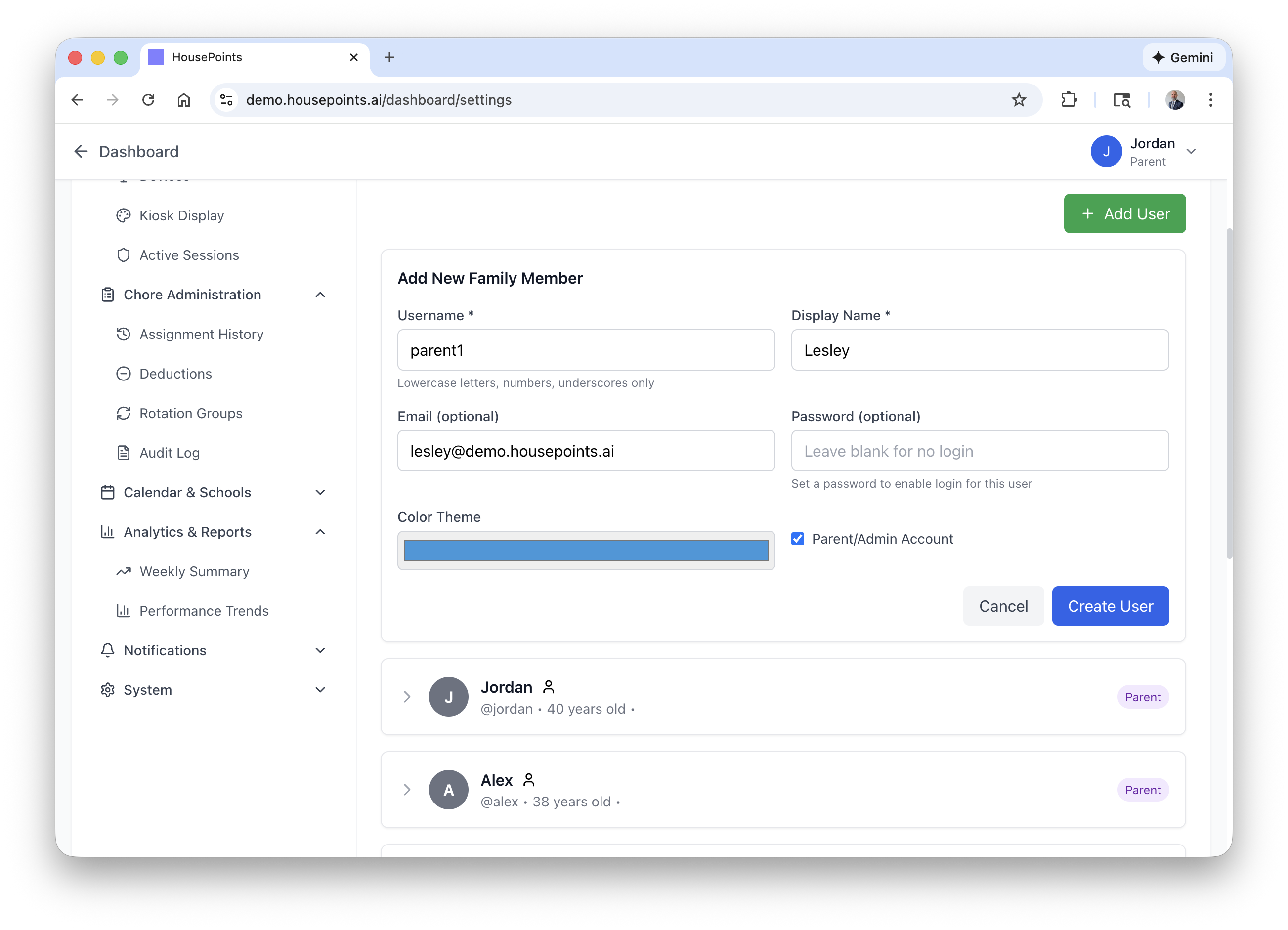Invite co-parent dialog with email input