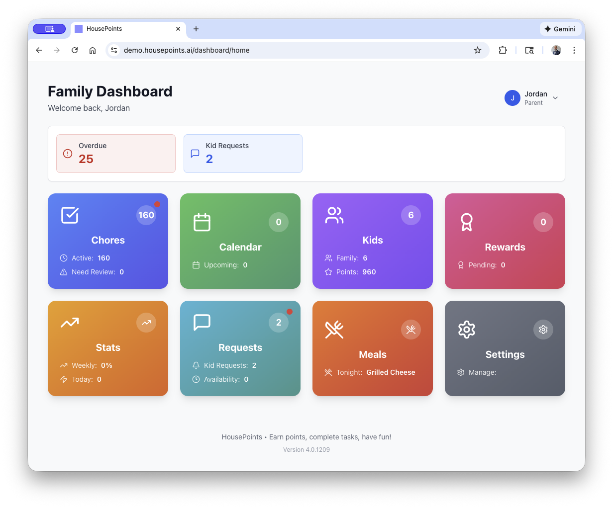 Parent dashboard showing chores, verifications, and quick actions
