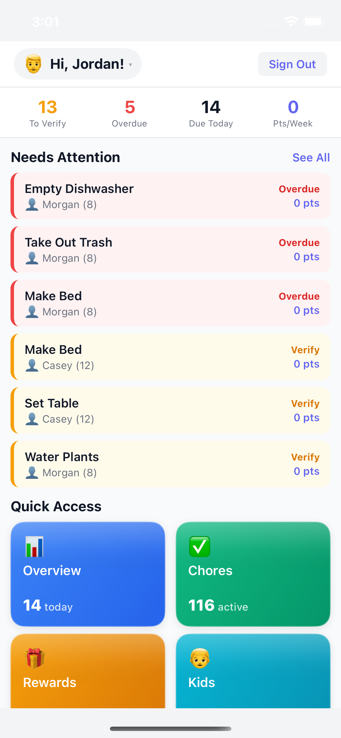 HousePoints mobile app home screen