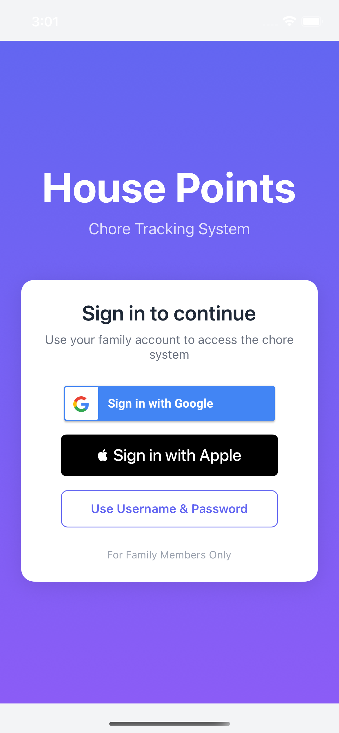 HousePoints mobile app sign-in screen