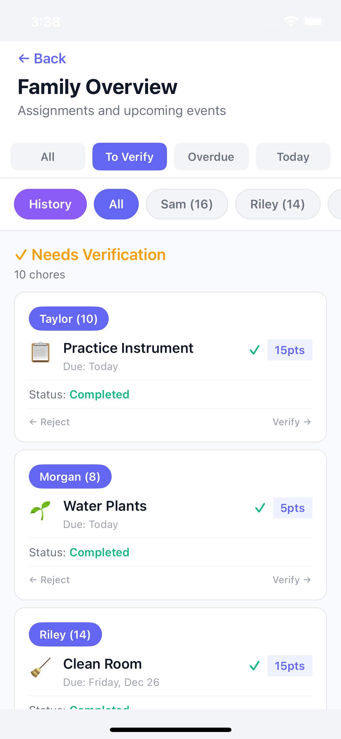 Verifying a chore completion in the mobile app